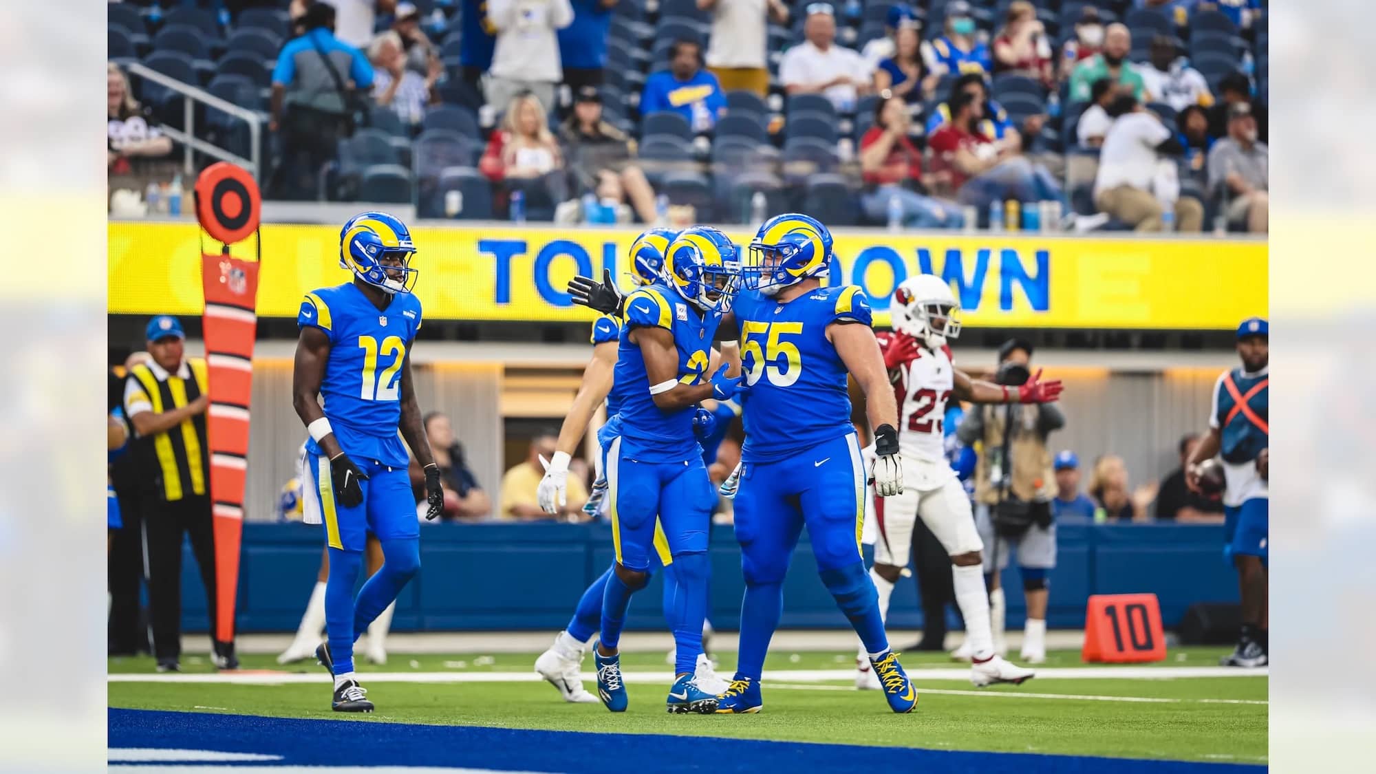 Los Angeles Rams Center Brian Allen Celebrates With Teammates. Photo Credit: Kelly Smiley | TheRams.com