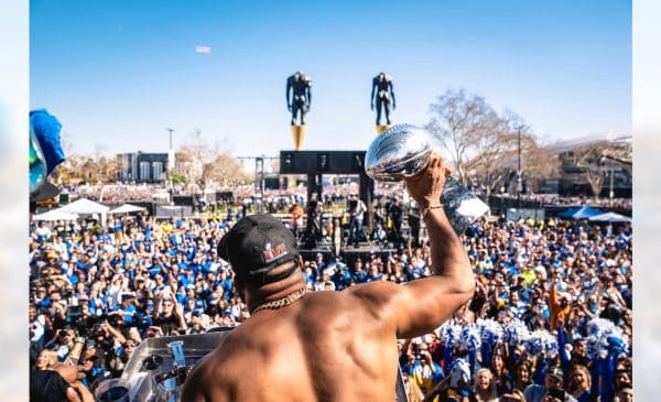 Aaron Donald At The Rams Super Bowl Parade In Los Angeles. Run It Back. Photo Credit: Brevin Townsell | LA Rams