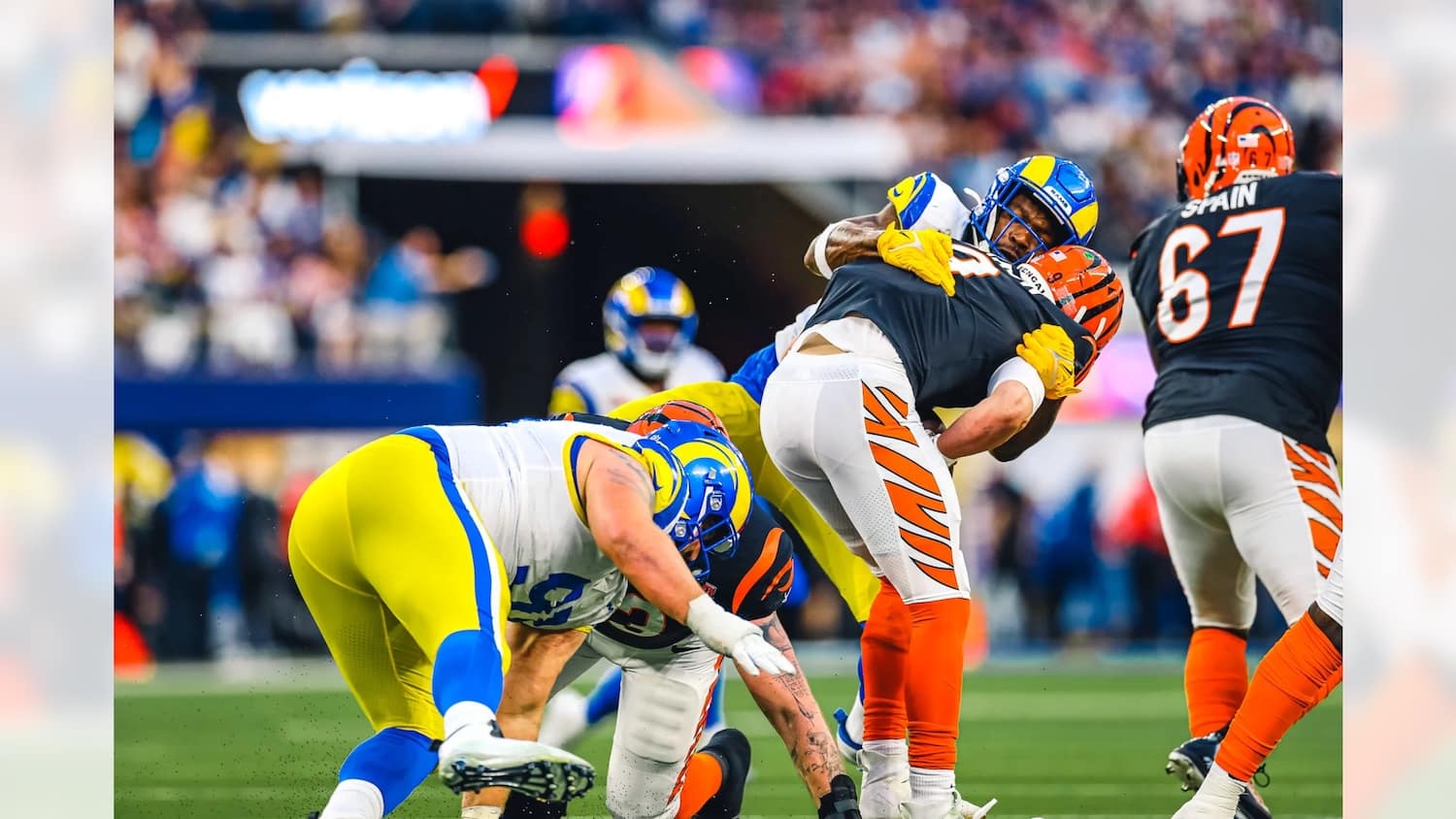 Los Angeles Rams Linebacker Leonard Floyd Sacks Joe Burrow In Super Bowl LVI. Photo Credit: Jeff Lewis | LA Rams