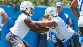 Zion Johnson And Brenden Jaimes At Chargers Mini Camp. Photo Credit: Ty Nowell | Los Angeles Chargers | AFC West Interior Offensive Line