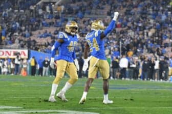 UCLA's Caleb Johnson And Qwantrezz Knight In 2021 Against The Cal Bears. Photo Credit: Ross Turteltaub | UCLA Athletics