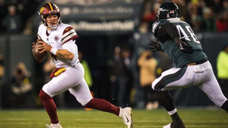 Pick up Taylor Heinicke off the waiver wire week 11 Photo Credit: Emilee Fails | Washington Commanders