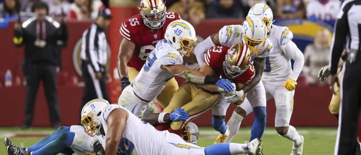 The Story Of The Chargers Improved Run Defense In Their Week 10 Loss to the 49ers 2 Los Angeles Chargers Run Defense Stops Christian McCaffrey Photo Credit: Mike Nowak | Los Angeles Chargers