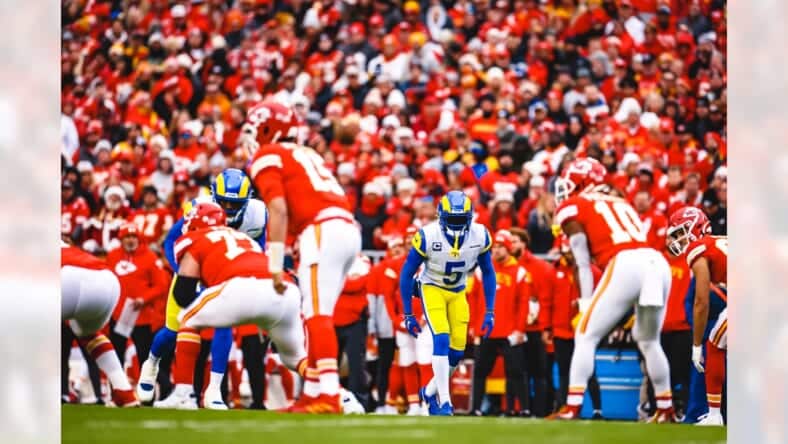 Los Angeles Cornerback Jalen Ramsey Squares Off Against The Kansas City Chiefs. Photo Credit: Brevin Townsell | Los Angeles Rams